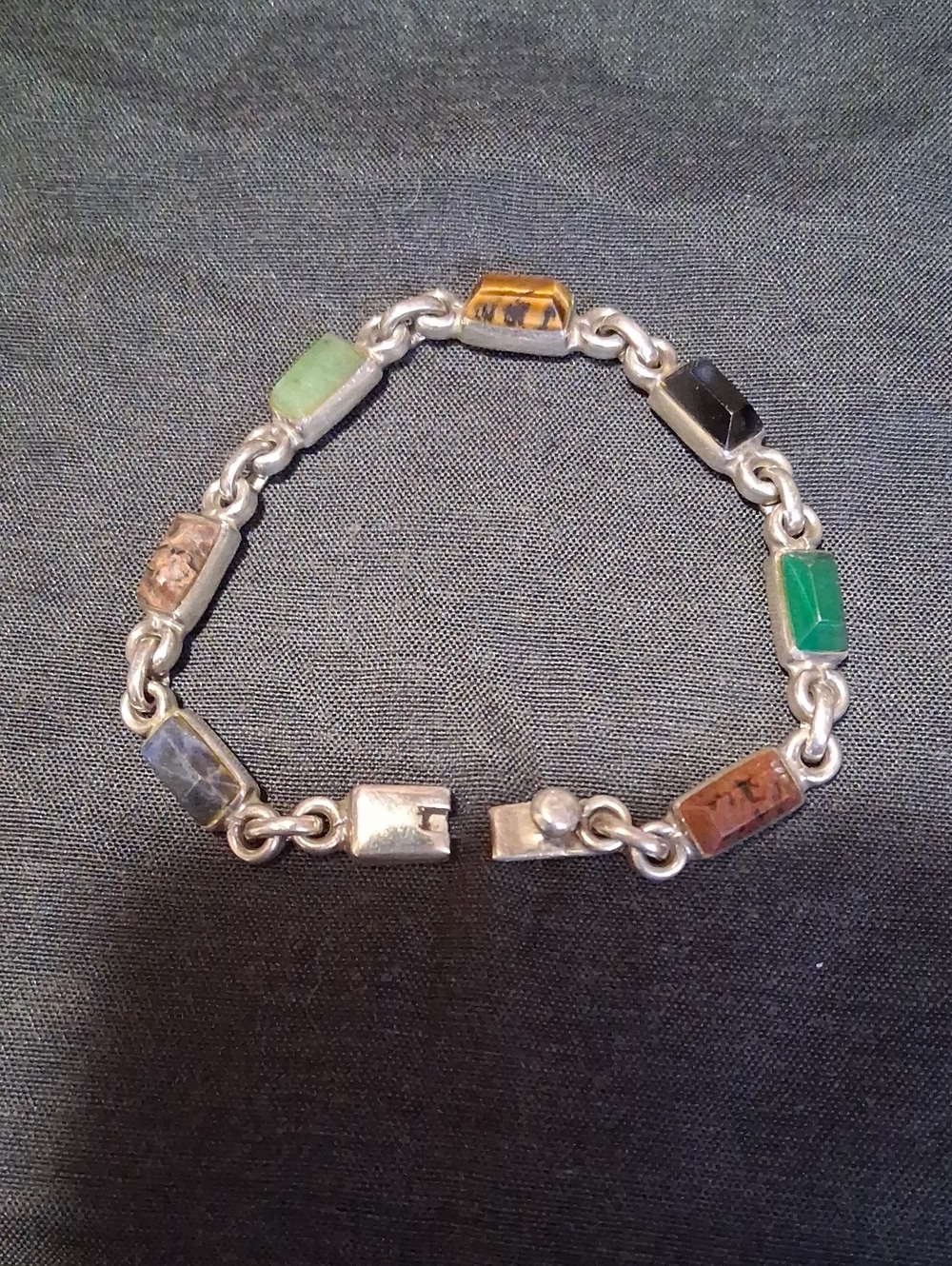 .925 Silver,Multi Stone,Taxco Vintage Bracelet.7.5", 23.5g.Stamped/Hallmark